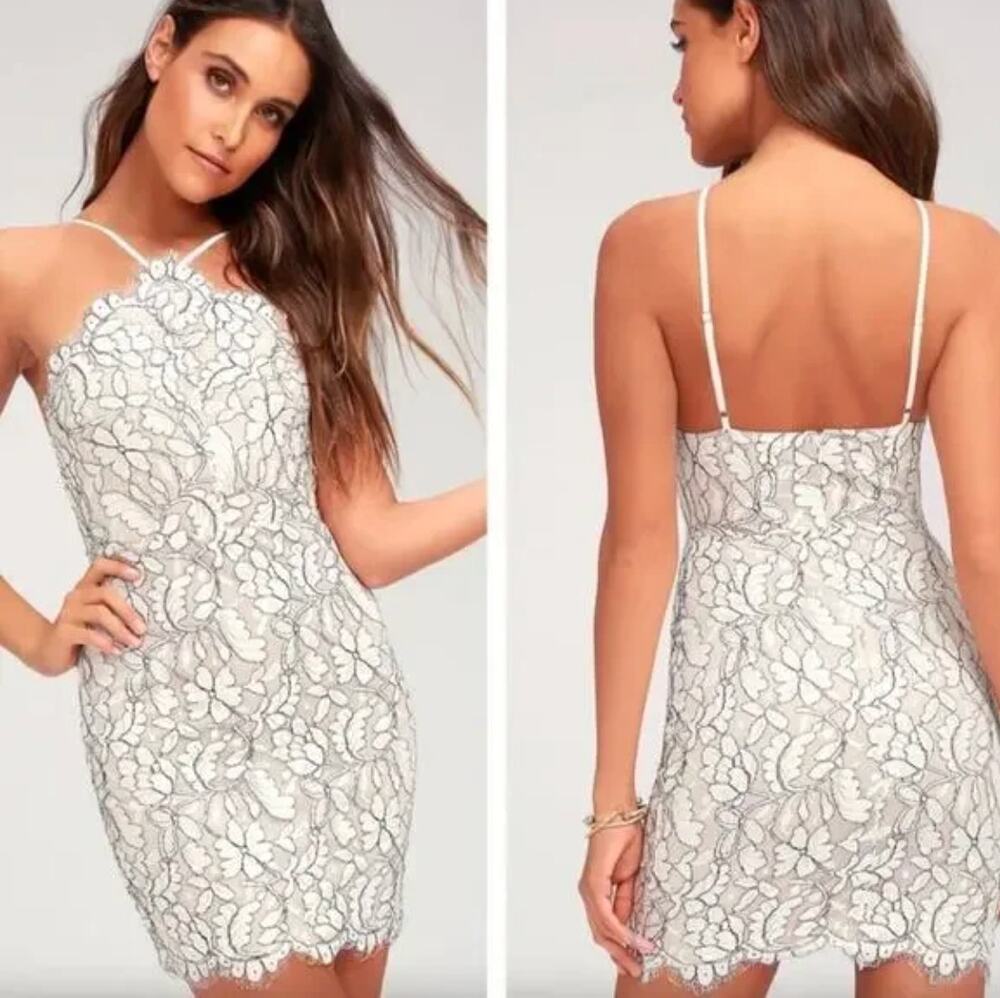 NWT Lulus Delicate Darling Beige and Ivory Lace Bodycon Dress Small